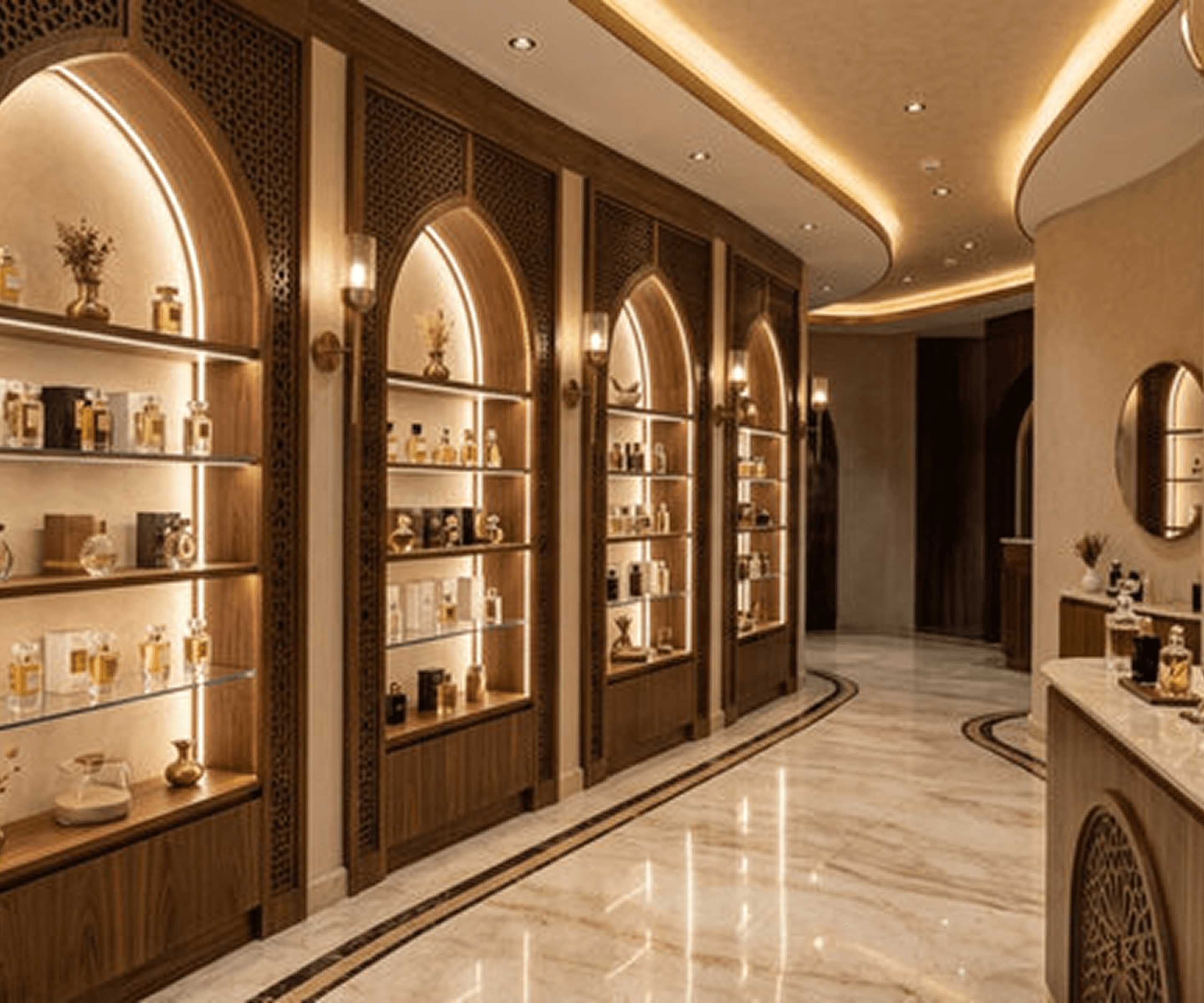 The Beast Notes boutique, with arched perfume cabinets along a marble aisle